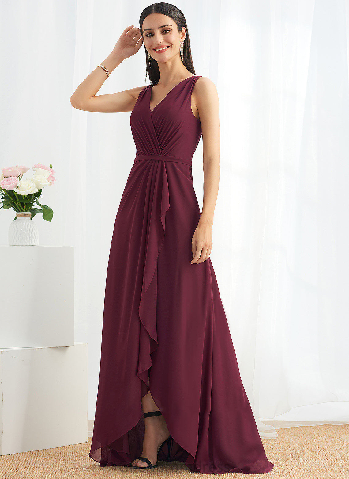 Embellishment SplitFront Length V-neck Silhouette Asymmetrical A-Line Neckline Fabric Ursula V-Neck Floor Length Bridesmaid Dresses