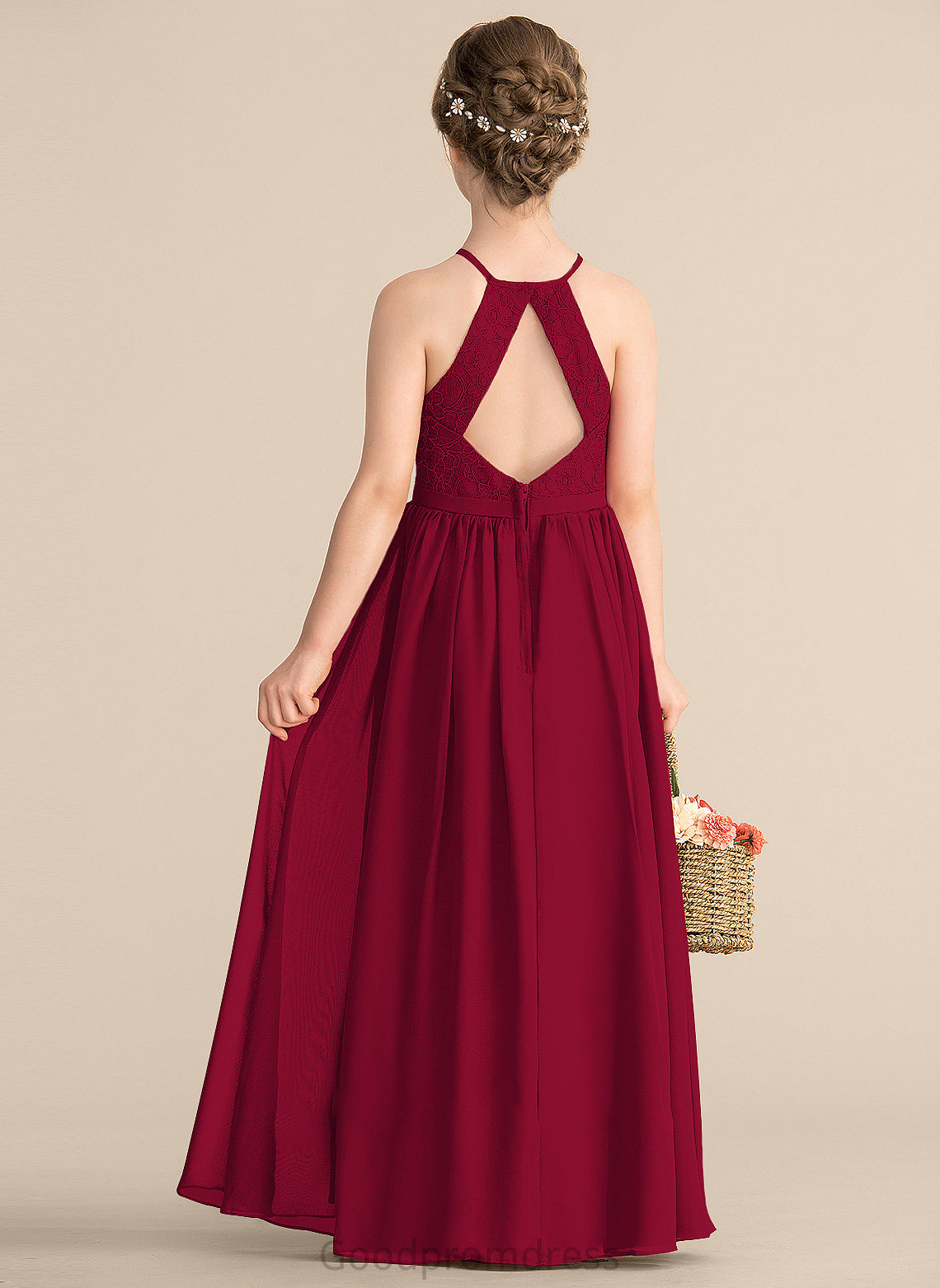 A-Line Front With Junior Bridesmaid Dresses Alexus Scoop Lace Split Neck Floor-Length Chiffon