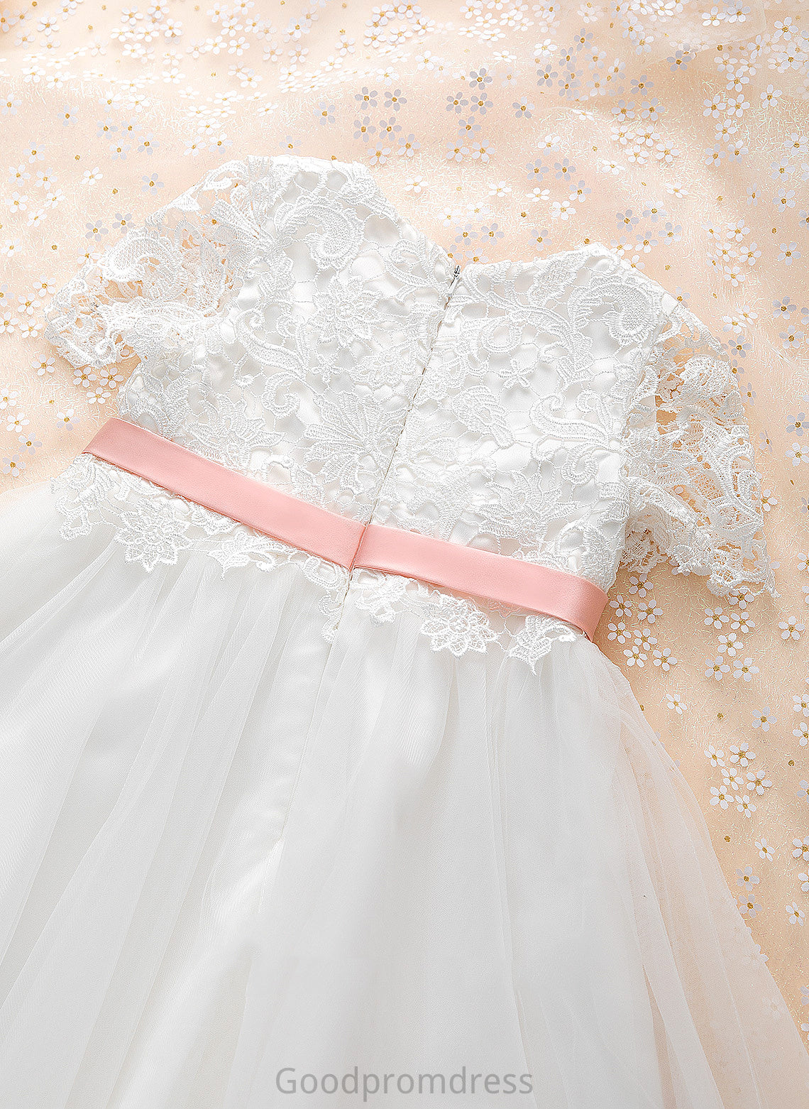 Sash/Flower(s) Melissa A-Line Tulle/Lace Knee-length - Short Neck Scoop Girl Flower Girl Dresses With Flower Dress Sleeves