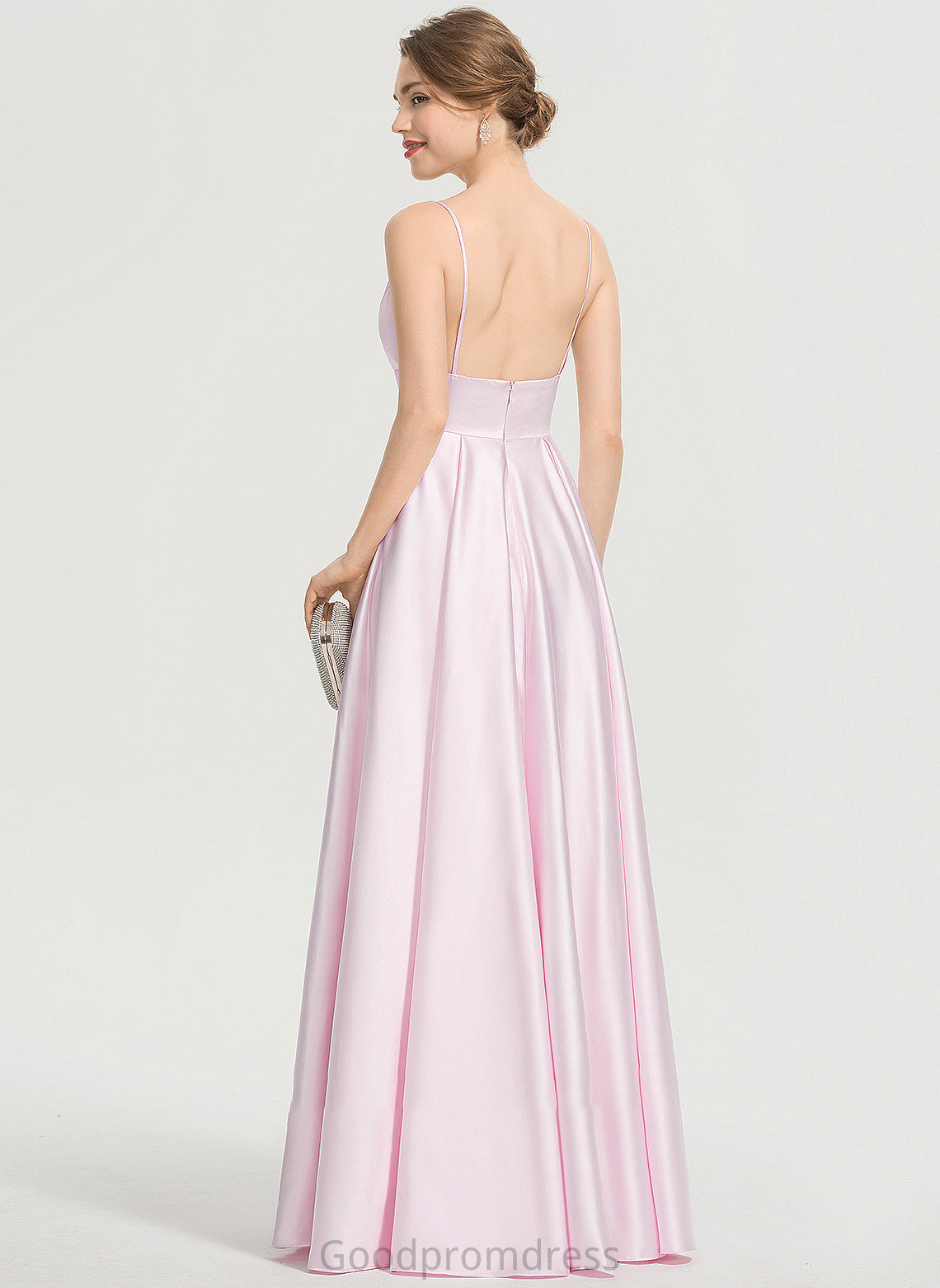 Floor-Length Satin Pockets Kathryn With Prom Dresses A-Line V-neck