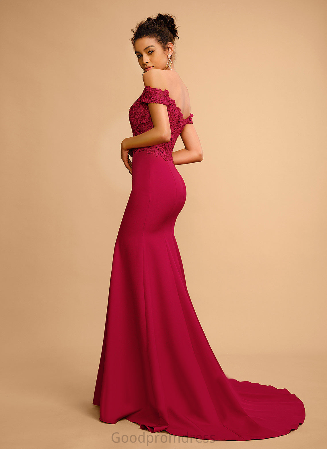 Sequins Crepe Floor-Length Off-the-Shoulder Stretch Trumpet/Mermaid Prom Dresses With Carley Lace