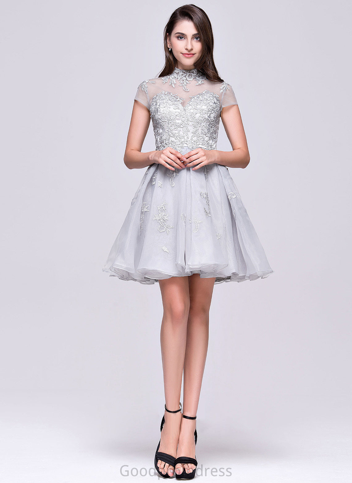 With High Kim Organza A-Line Homecoming Dresses Lace Appliques Dress Neck Tulle Lace Homecoming Short/Mini