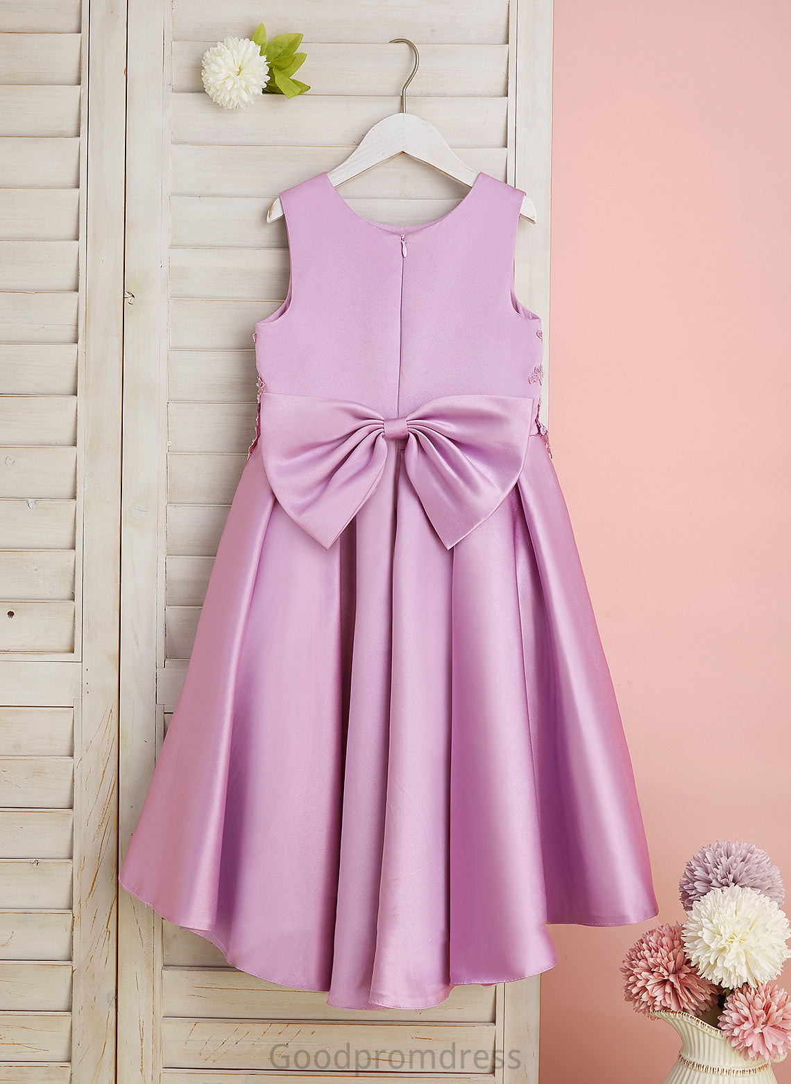 Lace/Beading/Bow(s) Peggie - Satin/Tulle Neck A-Line Scoop Dress With Sleeveless Flower Girl Flower Girl Dresses Asymmetrical