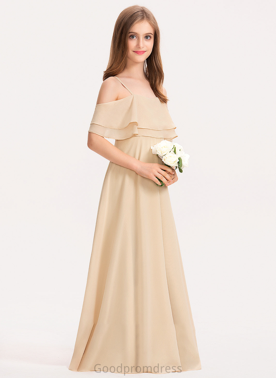 Ruffles A-Line Cascading Floor-Length Off-the-Shoulder Junior Bridesmaid Dresses Tiffany With Chiffon