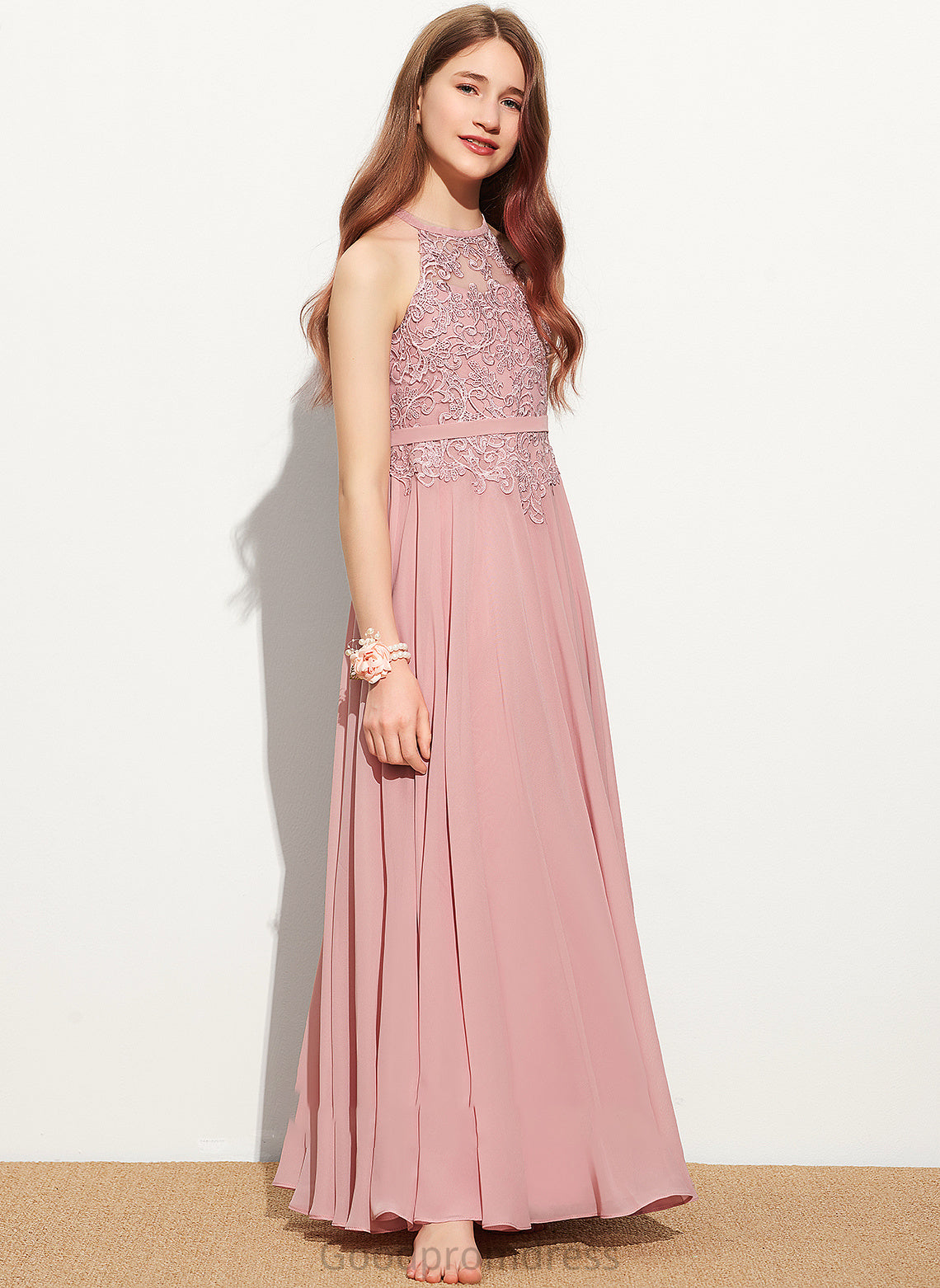 Lace Junior Bridesmaid Dresses Floor-Length A-Line Scoop Neck Chiffon Stacy