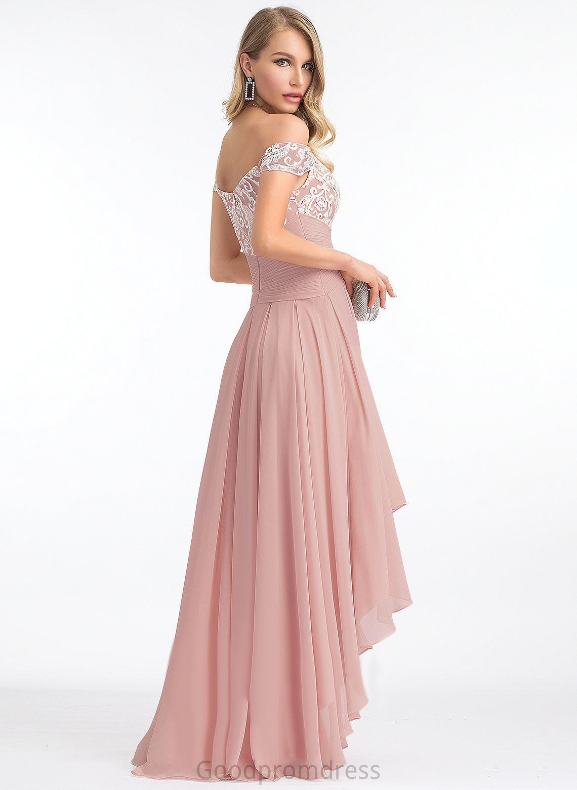 Sahna Off-the-Shoulder Pleated Prom Dresses Lace A-Line Chiffon With Asymmetrical