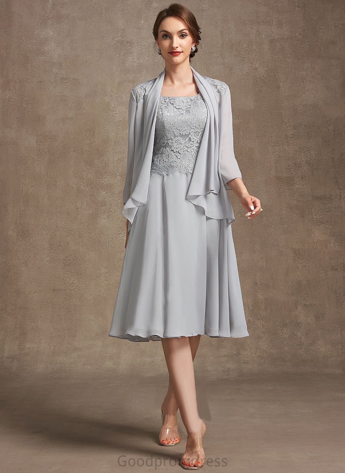 Dress Bride A-Line Neckline Mother of the Bride Dresses the Square Lace Mother of Chiffon Greta Knee-Length