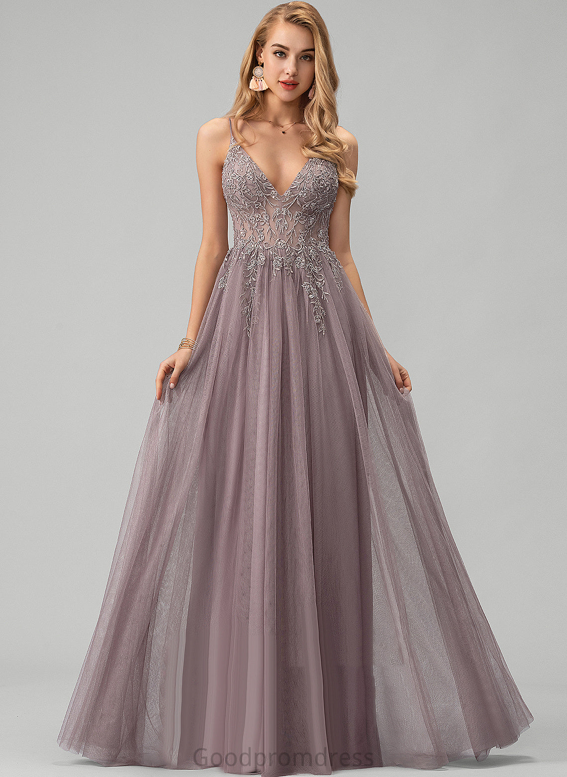 Kay Beading Sequins Lace With V-neck Tulle Floor-Length A-Line Prom Dresses