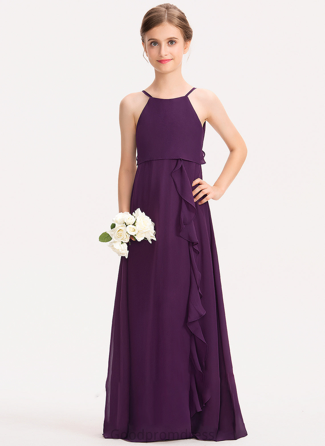 A-Line Cascading Chiffon Bow(s) Annika Scoop Ruffles Neck Junior Bridesmaid Dresses Floor-Length With