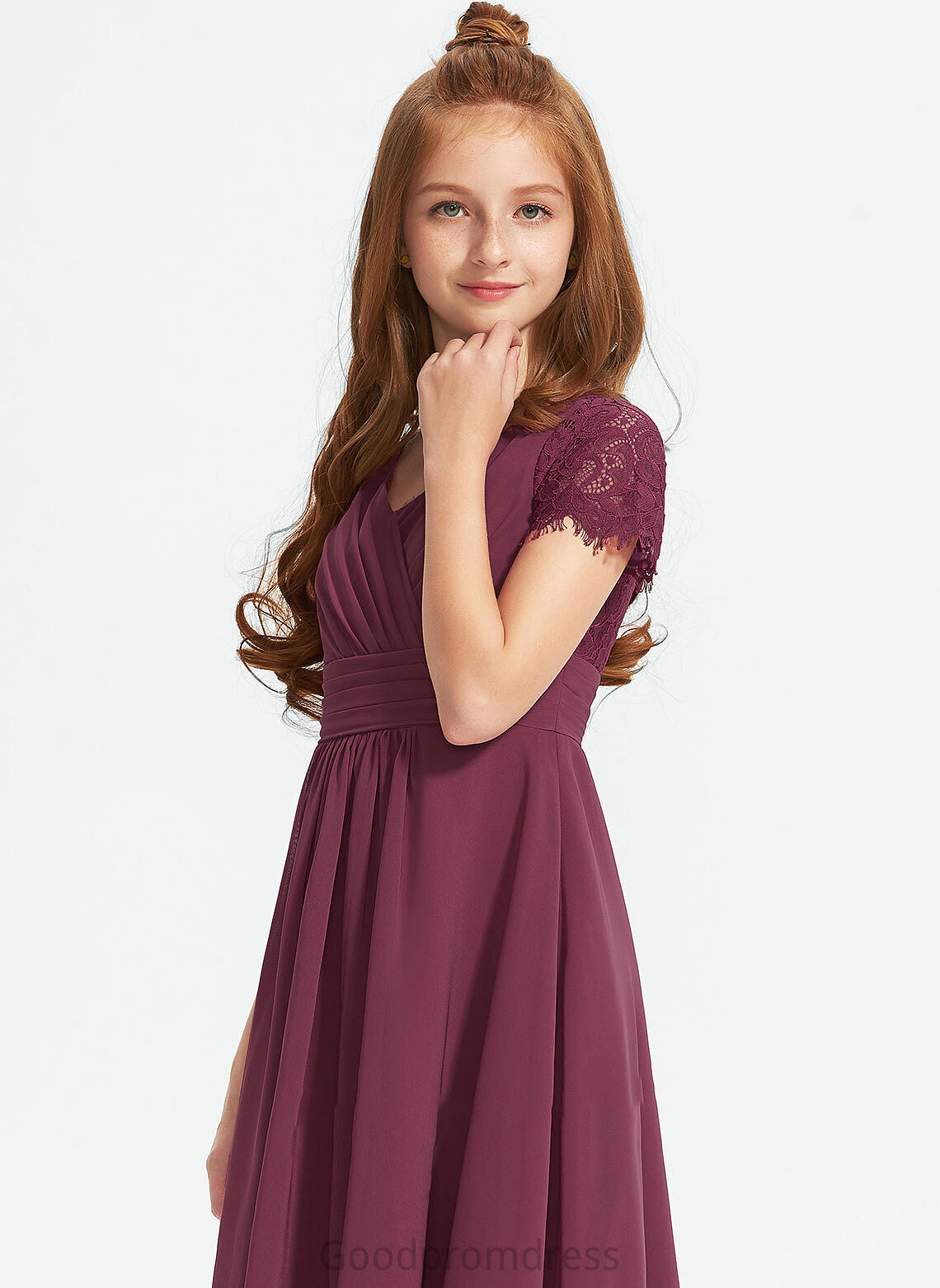 Asymmetrical Junior Bridesmaid Dresses Chiffon A-Line Ruffle Izabella With Lace V-neck