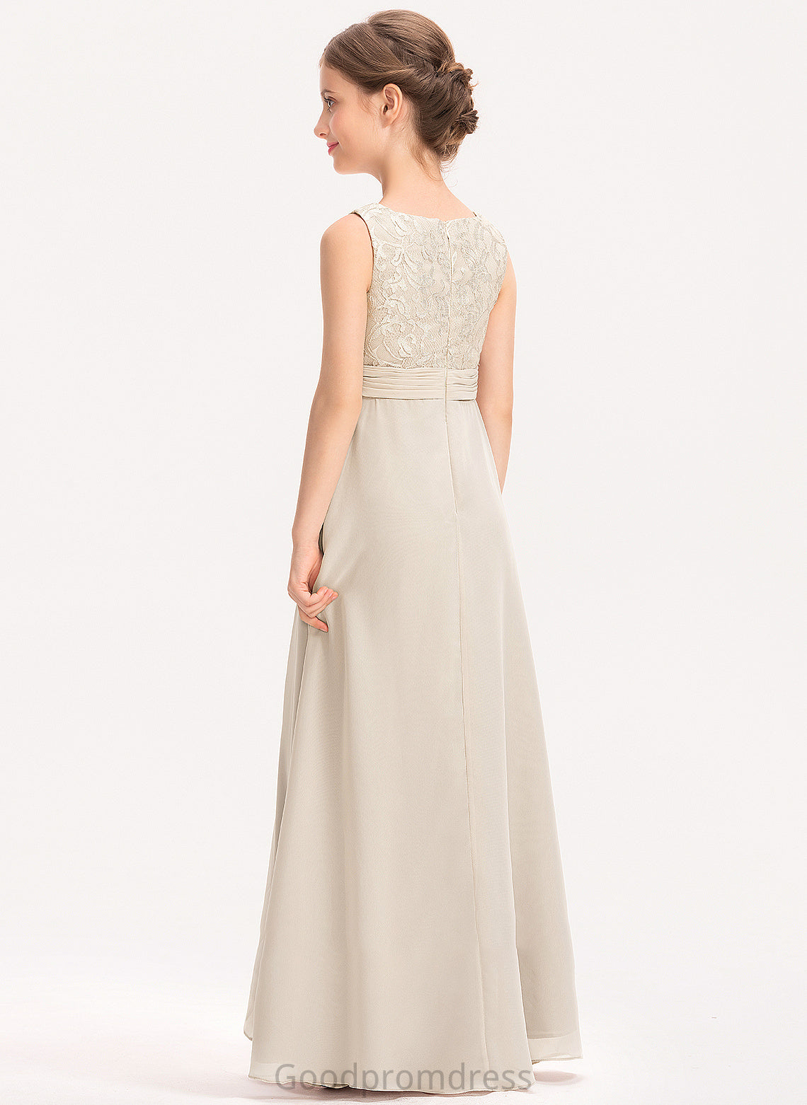 Floor-Length Lace Junior Bridesmaid Dresses Amelie Ruffle Neck With Chiffon Scoop A-Line