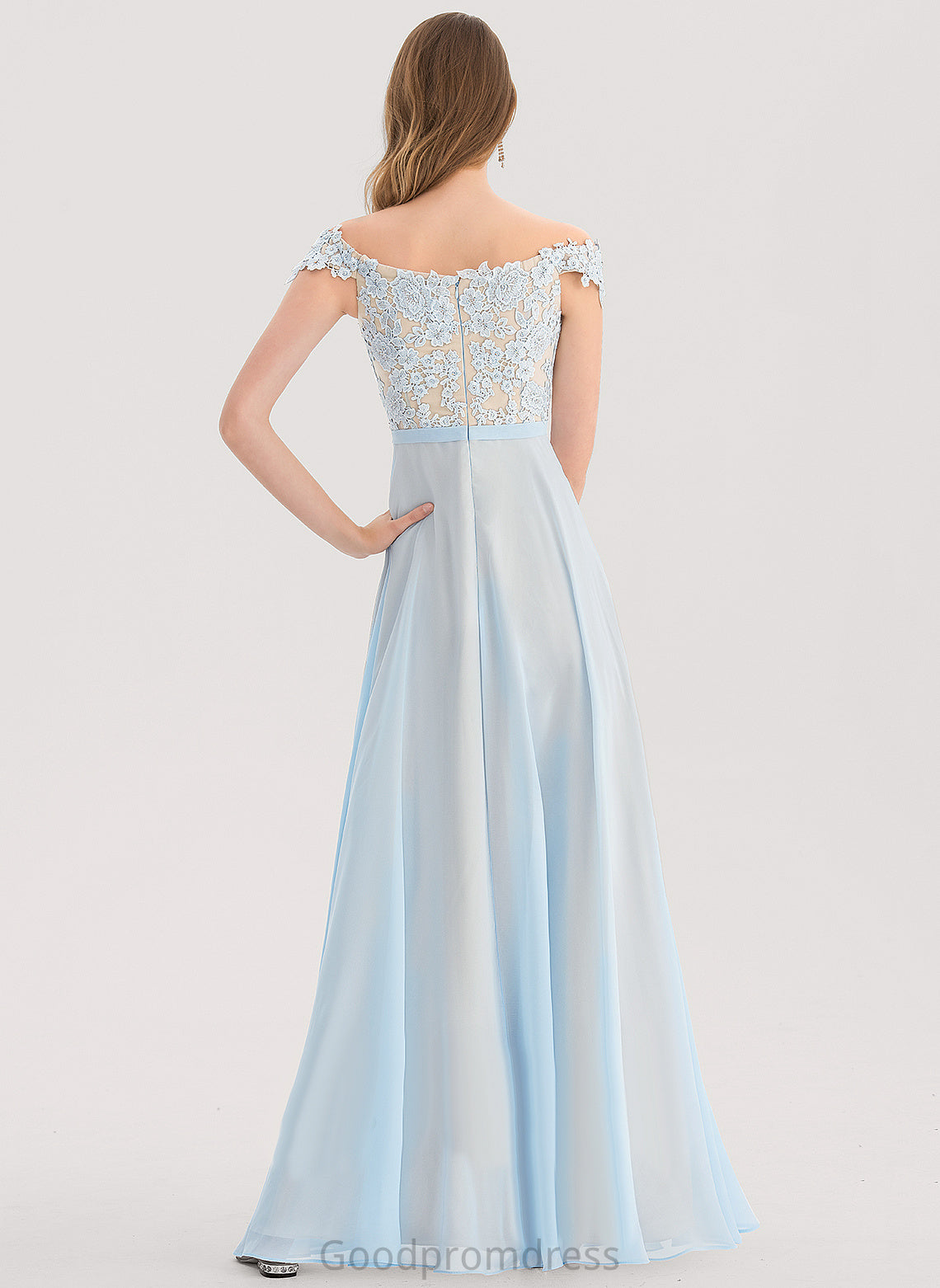 With Annabella Chiffon Off-the-Shoulder A-Line Floor-Length Sequins Prom Dresses Beading Lace