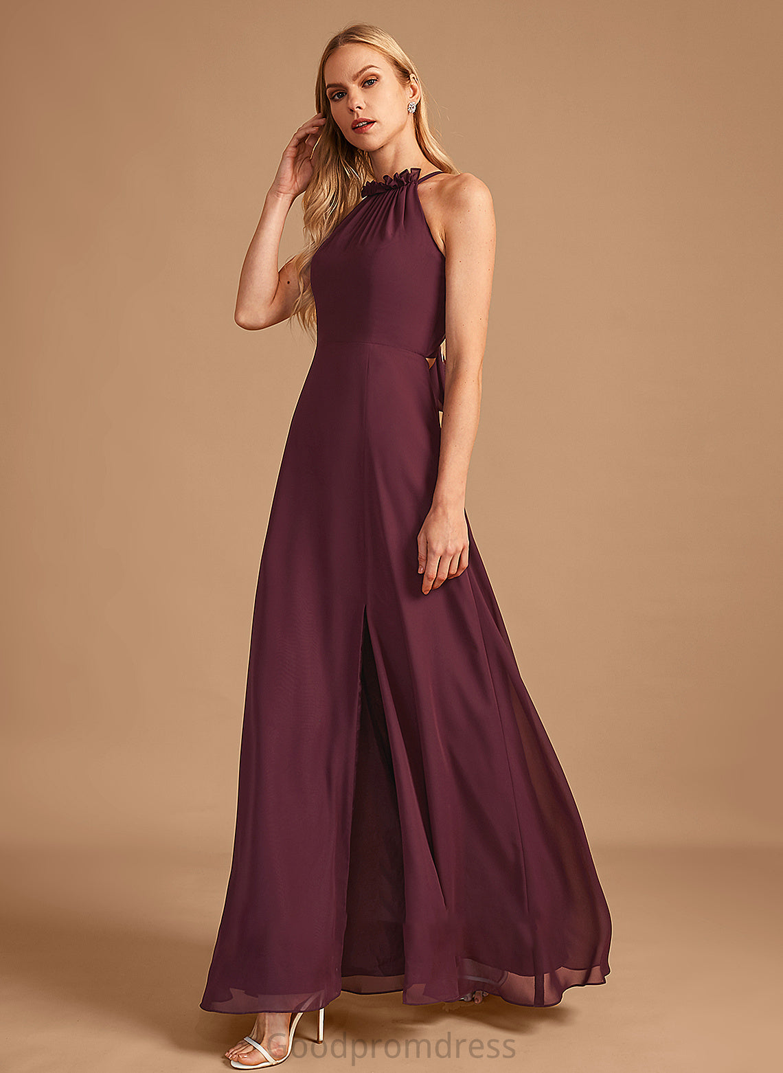 Neckline SplitFront Embellishment Fabric Length Silhouette A-Line Floor-Length HighNeck Gabriela Sleeveless Trumpet/Mermaid Bridesmaid Dresses