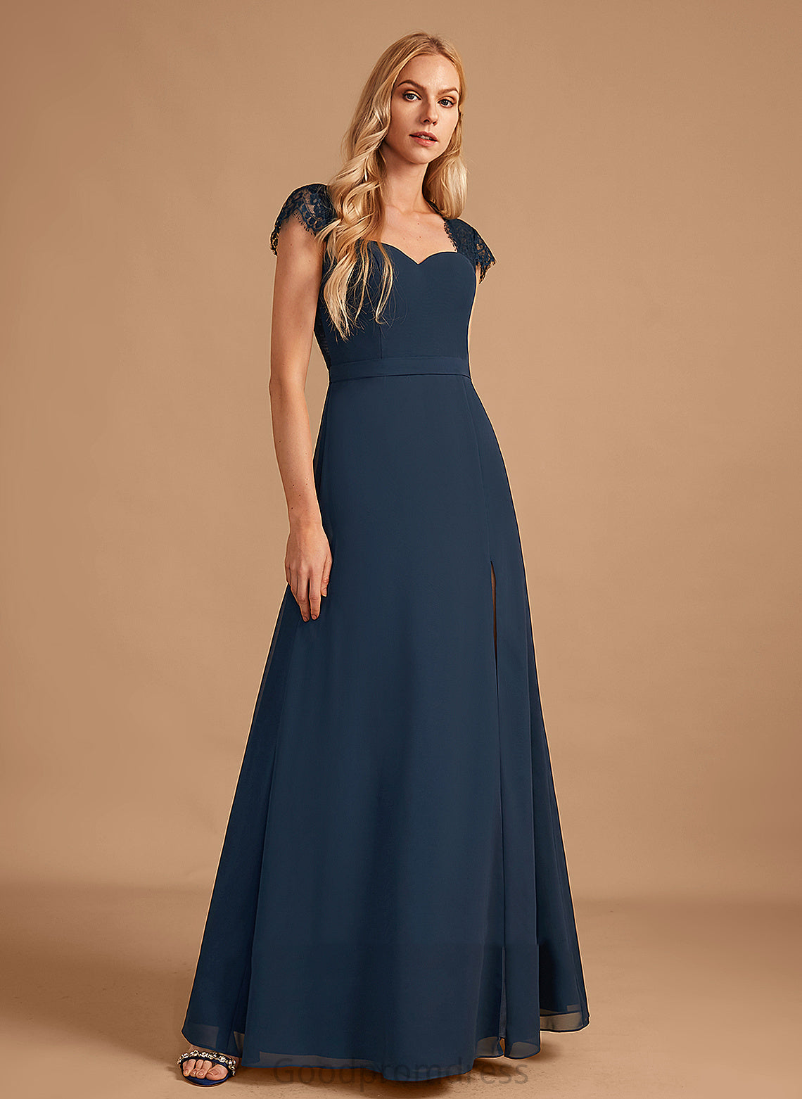 Silhouette Fabric Floor-Length SplitFront V-neck A-Line Neckline Lace Embellishment Length Jaida Sleeveless Bridesmaid Dresses