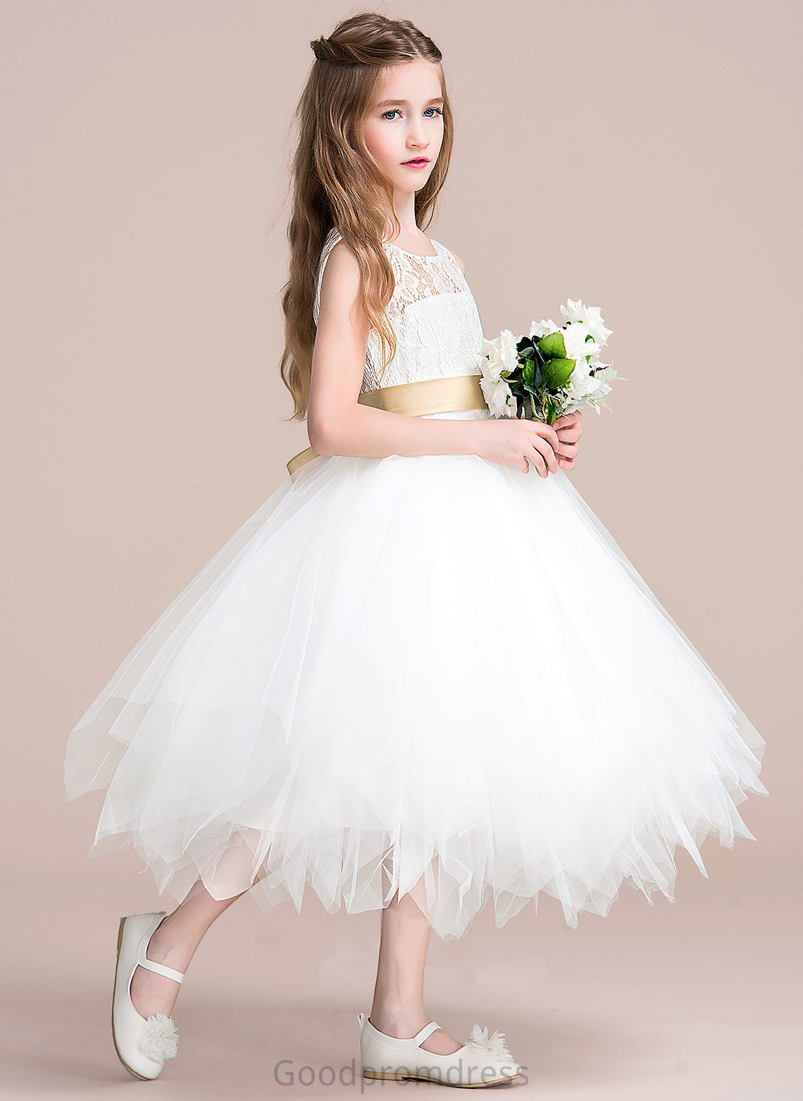 Dress Myla Tulle/Lace (Detachable Tea-length - Hole Neck Flower Girl Dresses Scoop Flower A-Line Sleeveless Sash/Back Girl With sash)