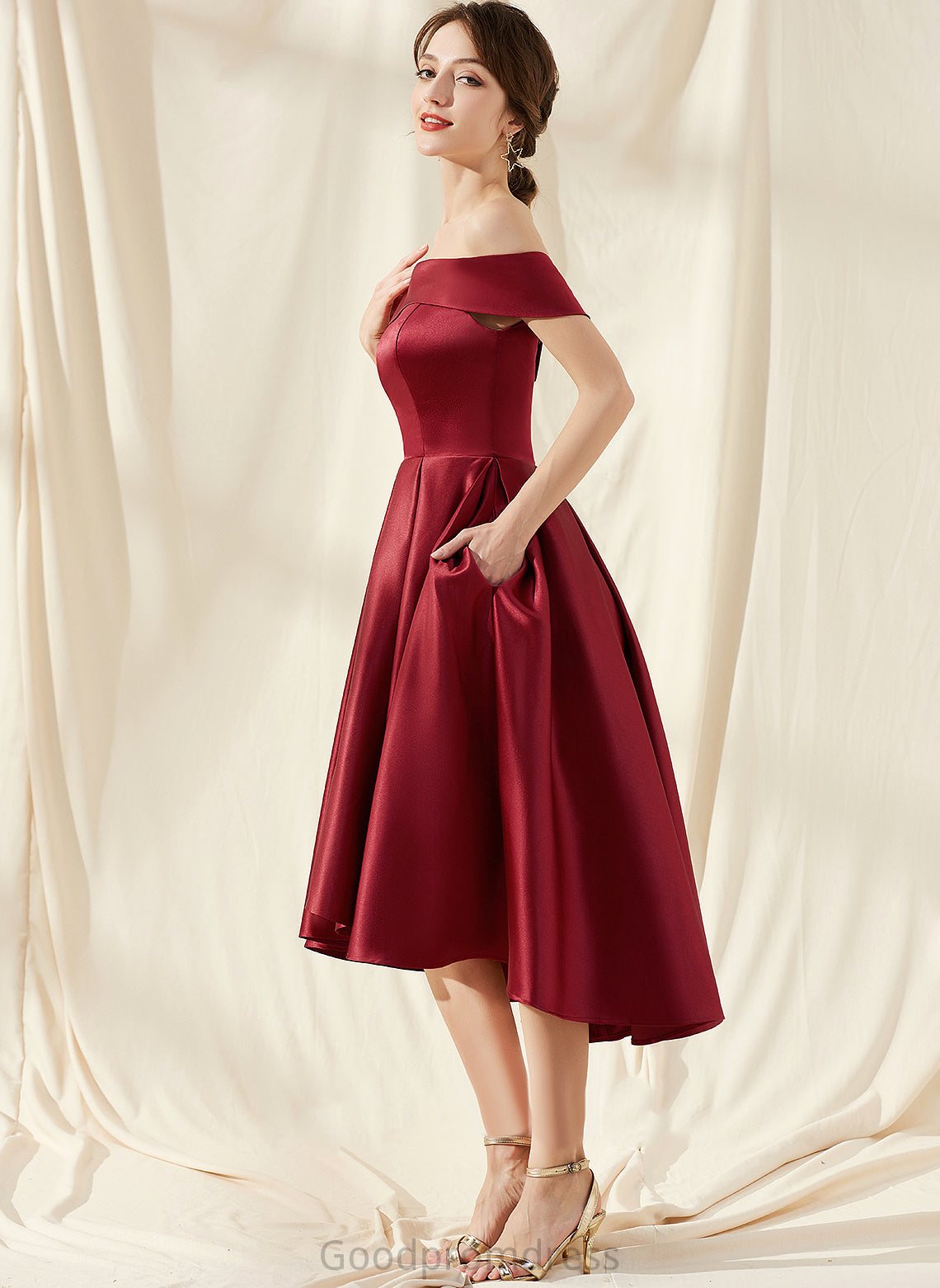 Dress Karli Asymmetrical Homecoming Dresses A-Line Pockets With Off-the-Shoulder Homecoming Satin