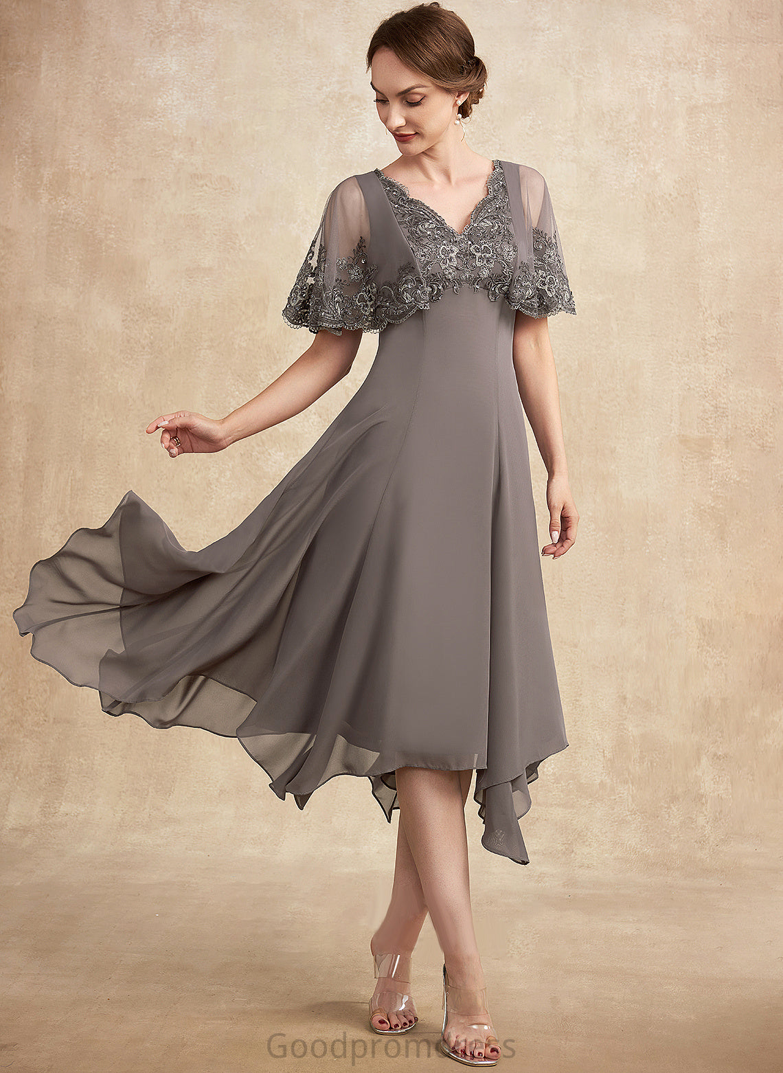 Beading Chiffon Ali Mother Lace V-neck Mother of the Bride Dresses the With Bride of A-Line Sequins Dress Tea-Length