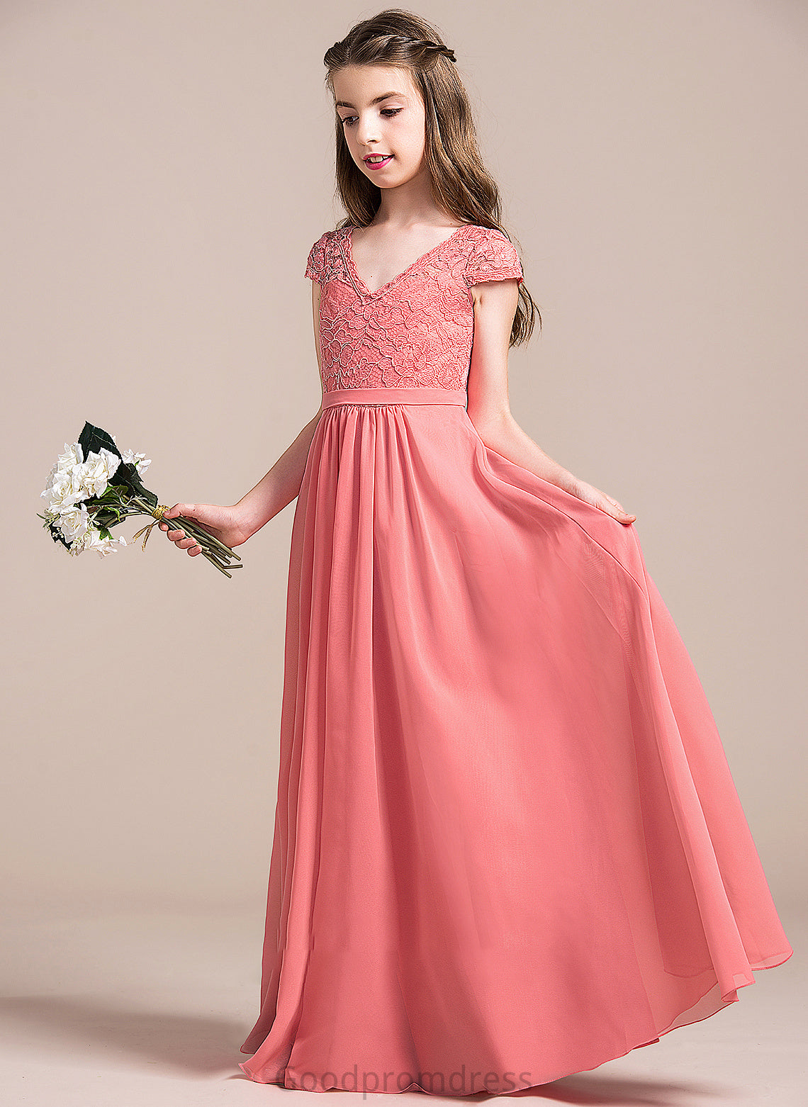 Lace Floor-Length V-neck Junior Bridesmaid Dresses Luz A-Line Chiffon