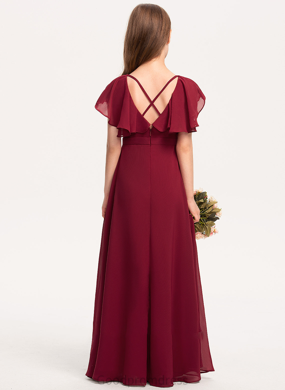 Jamie Ruffles Floor-Length V-neck Cascading With Junior Bridesmaid Dresses A-Line Chiffon