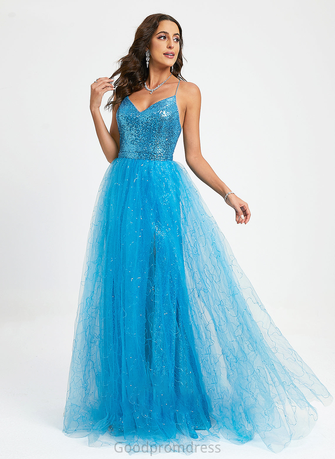 Floor-Length V-neck Tulle With Jordin Ball-Gown/Princess Prom Dresses Sequins