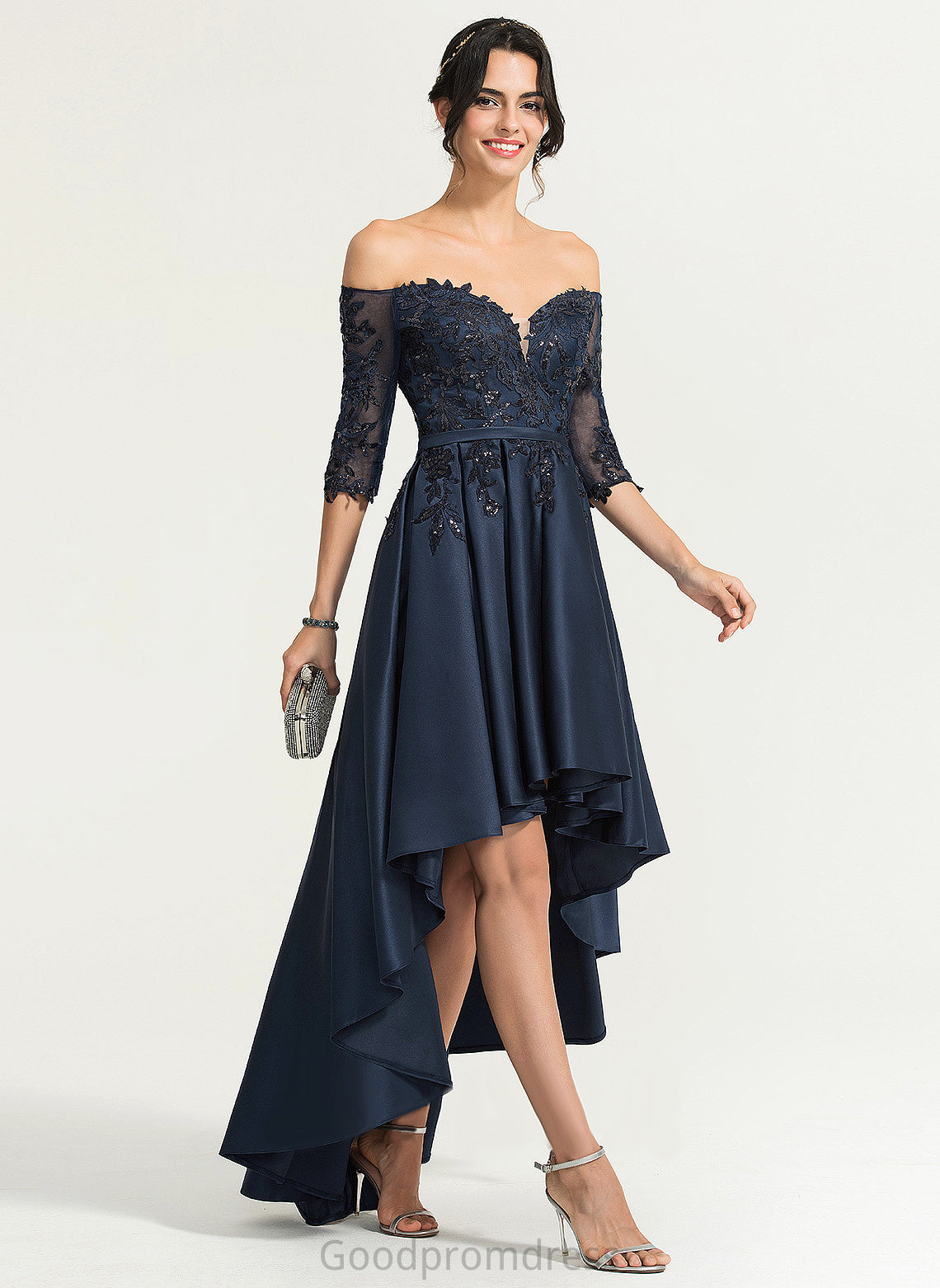 Sequins With Prom Dresses Satin Setlla Lace A-Line Off-the-Shoulder Asymmetrical