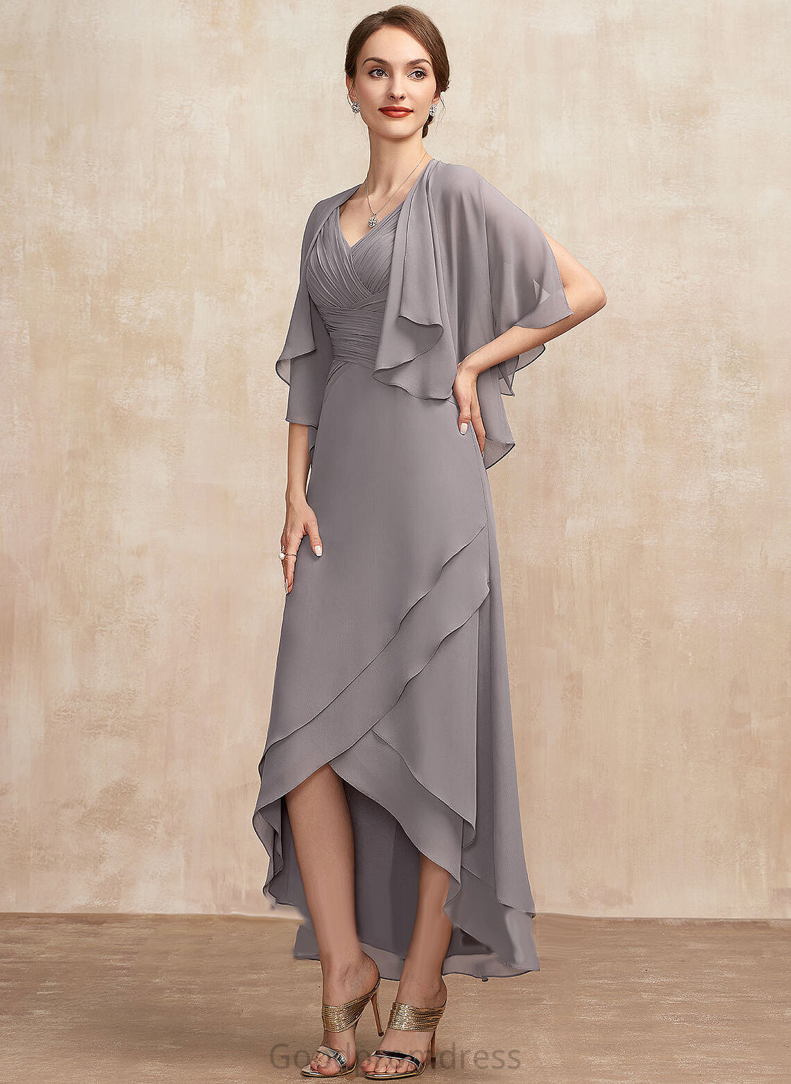 Bride the With Chiffon A-Line Mother V-neck Dress Makaila of Ruffle Asymmetrical Mother of the Bride Dresses