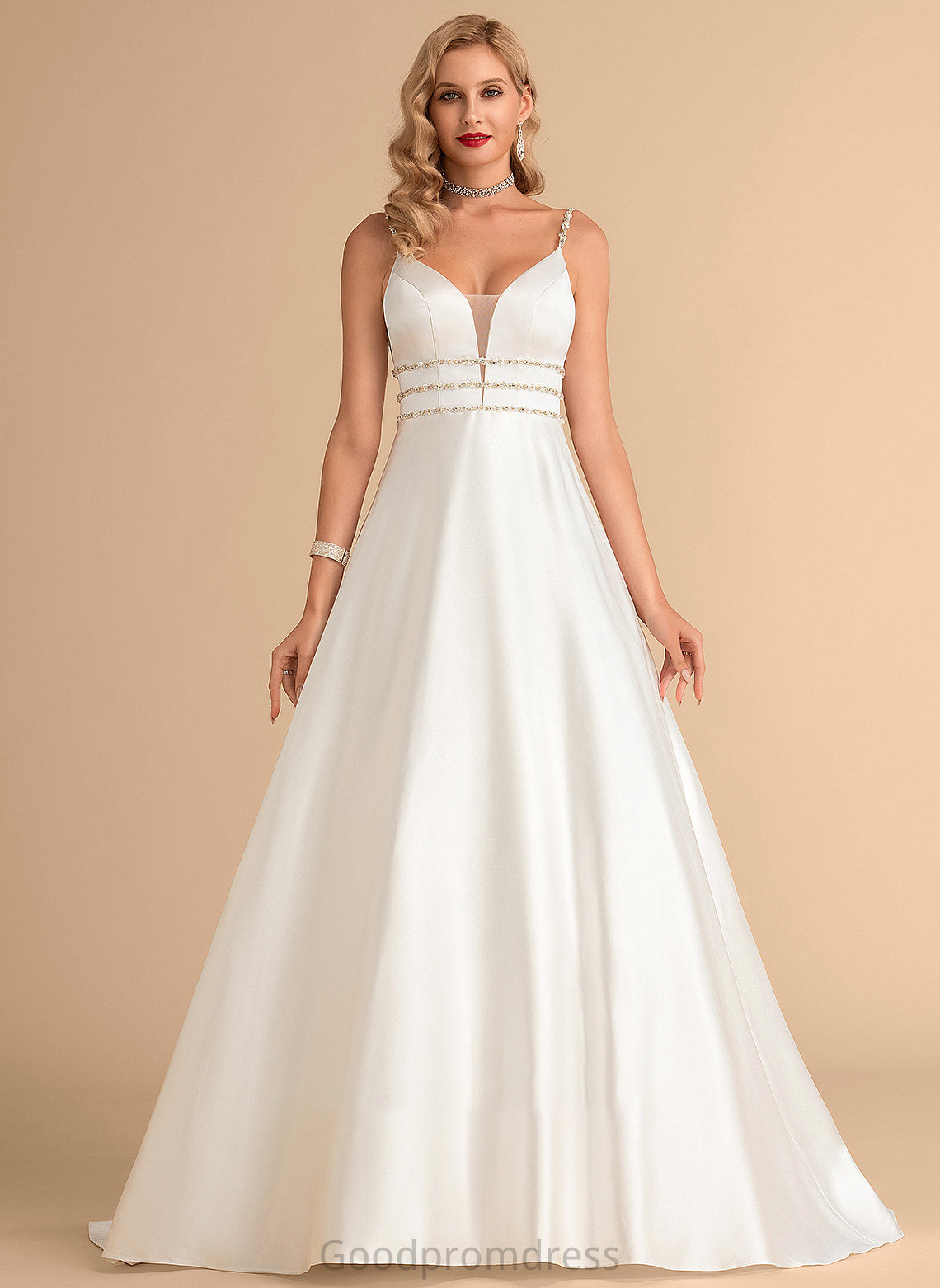 Satin Ball-Gown/Princess Dress Beading Wedding Dresses V-neck Sweep Lara With Wedding Train