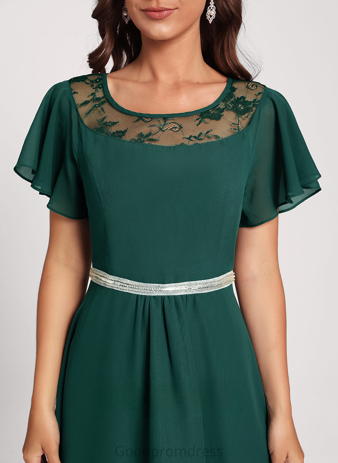 Asymmetrical Sleeves Essence Round Beading Chiffon Short Neck Dresses A-line Lace Club Dresses