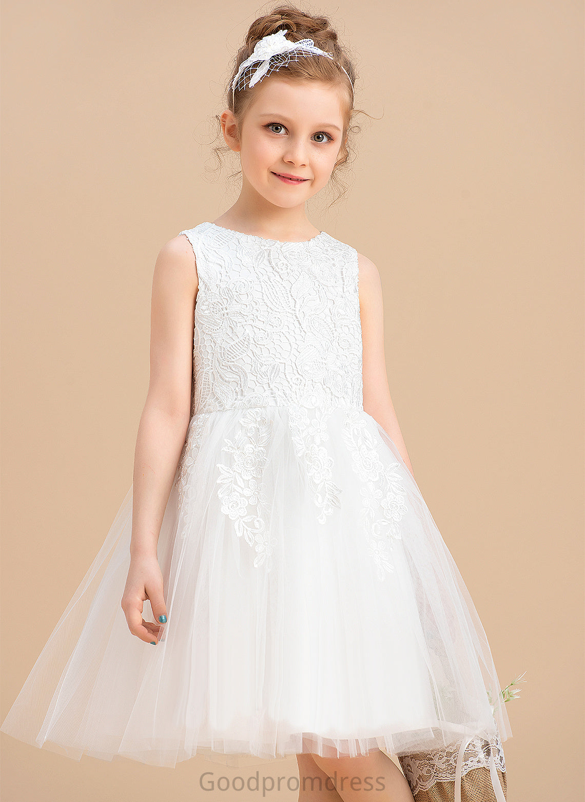 Lauryn Sleeveless Dress Girl - With Knee-length Flower Girl Dresses Neck Flower Tulle/Lace Lace/Bow(s) Scoop A-Line