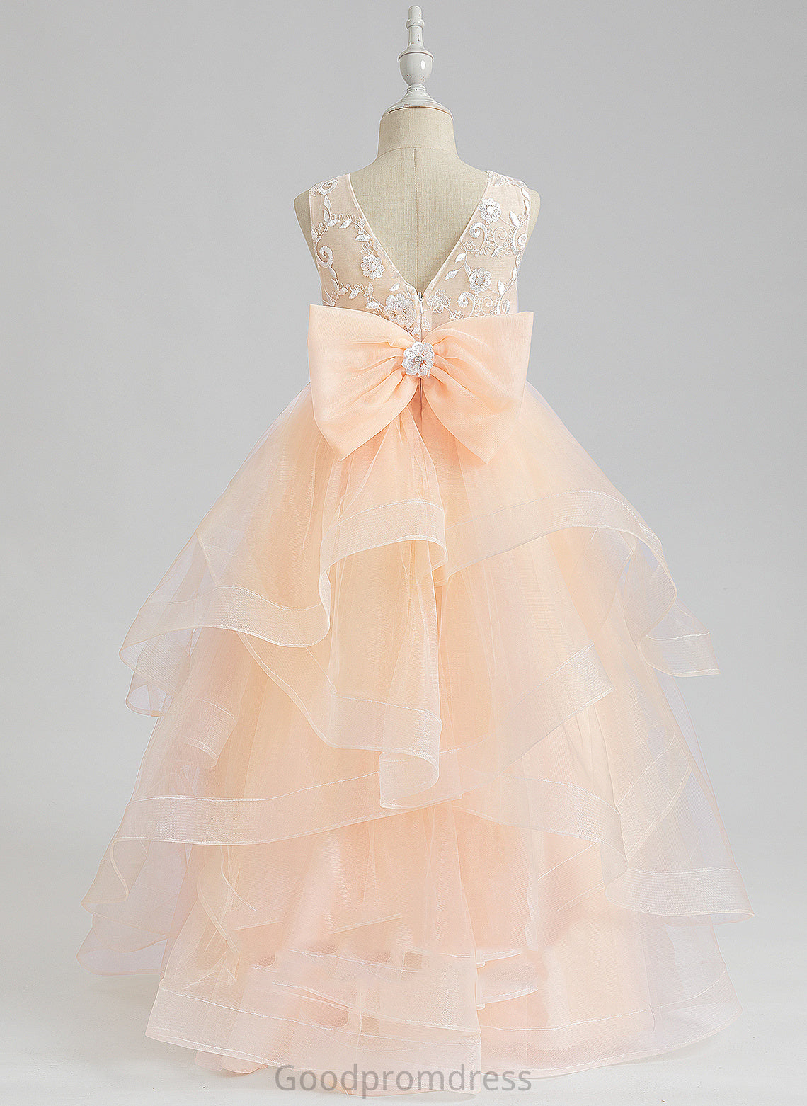 Dress Back Floor-length With Ball-Gown/Princess - Flower Girl Dresses Scalloped Emilee Flower Girl Sleeveless Neck Tulle Lace/Flower(s)/Bow(s)/V