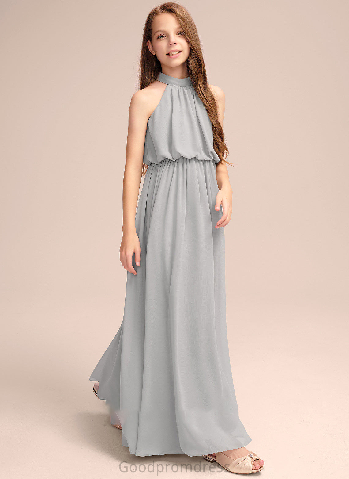 Neck Ursula Ruffle Junior Bridesmaid Dresses Floor-Length Chiffon A-Line With High