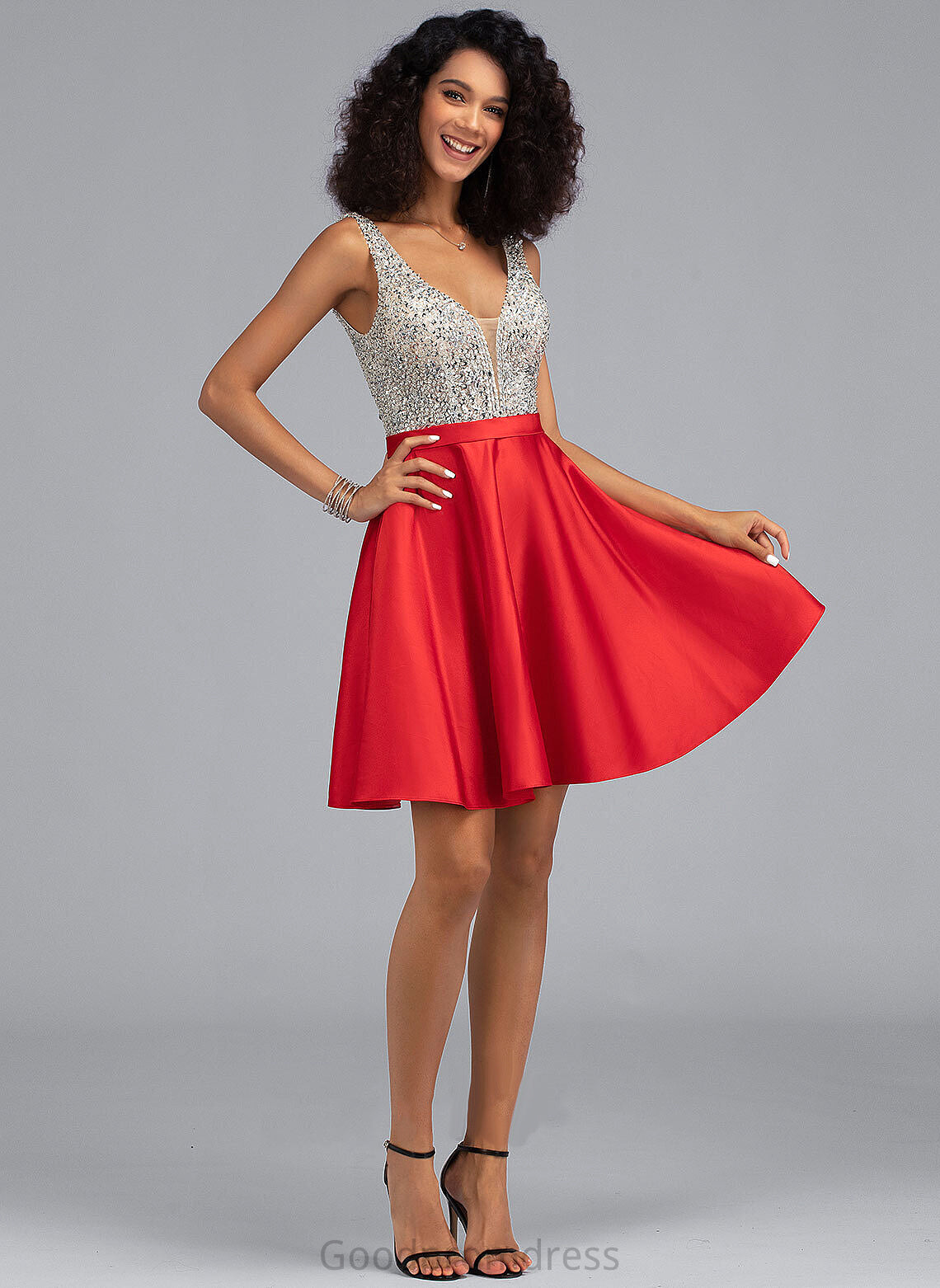 Homecoming Pockets Short/Mini V-neck Kianna Dress Homecoming Dresses With Sequins Beading Satin A-Line