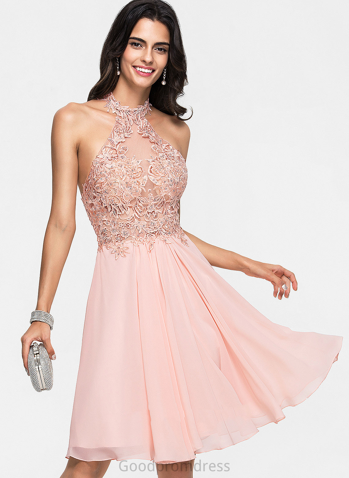 Chiffon Dress Beading Halter With Knee-Length Homecoming Lace Homecoming Dresses A-Line Madisyn