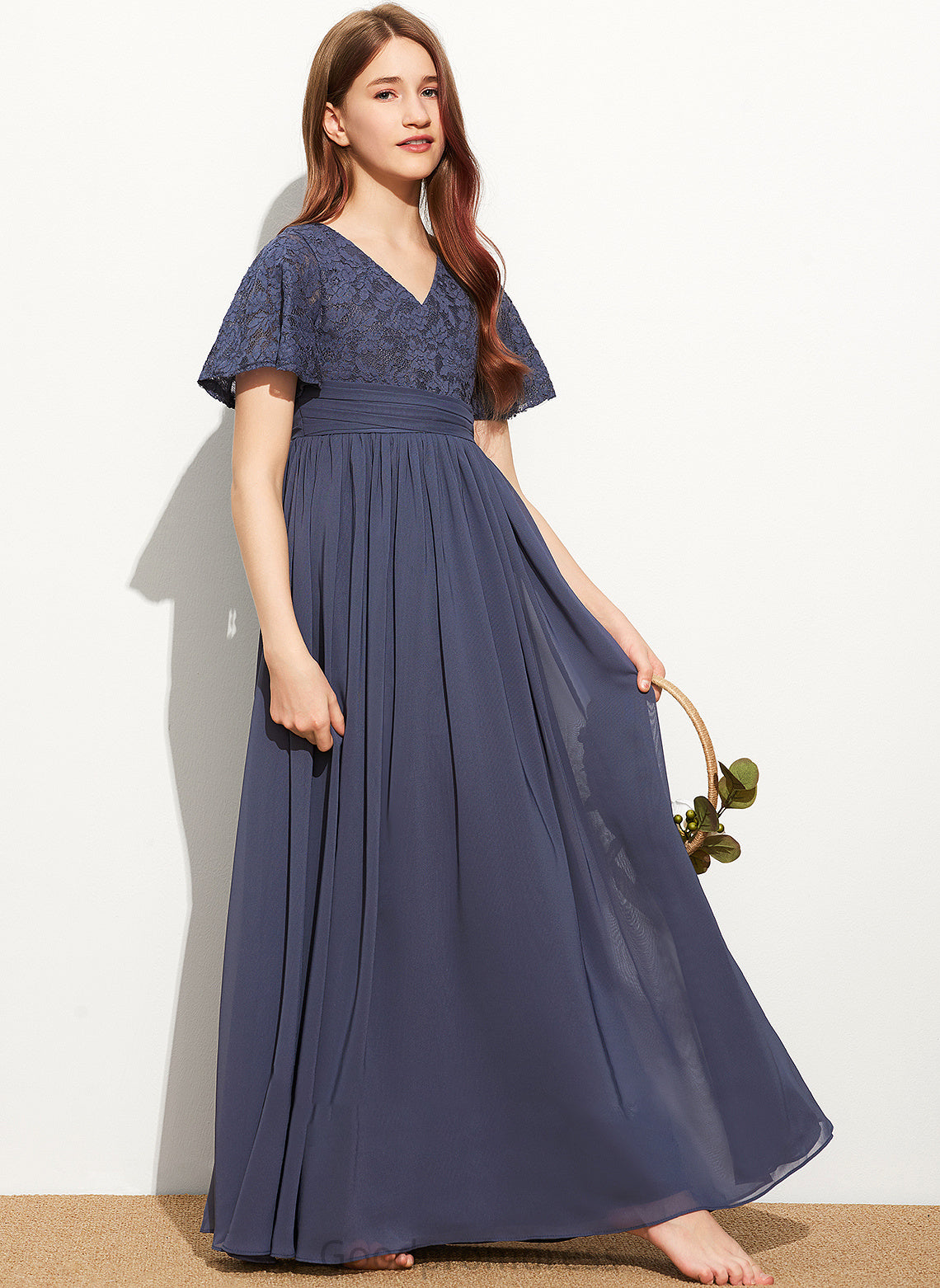 Bow(s) Asia Lace A-Line Chiffon Floor-Length Junior Bridesmaid Dresses V-neck With