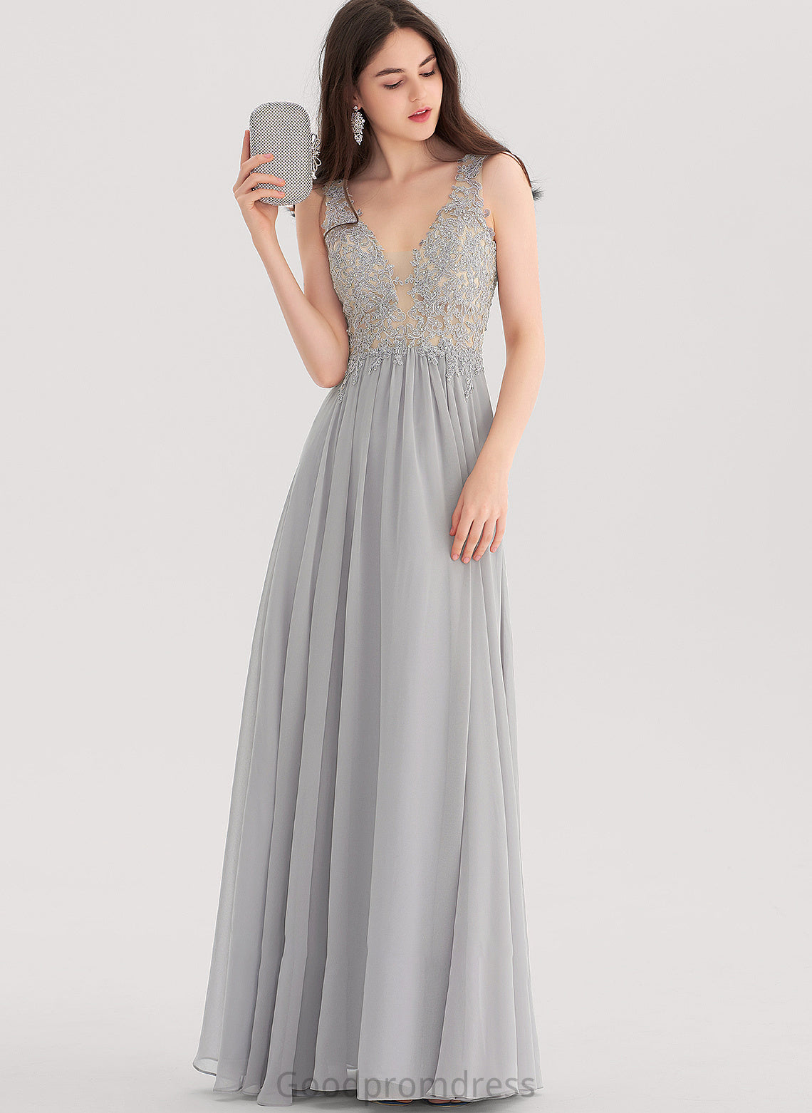 A-Line With Floor-Length Bailey Beading Sequins Chiffon Prom Dresses V-neck