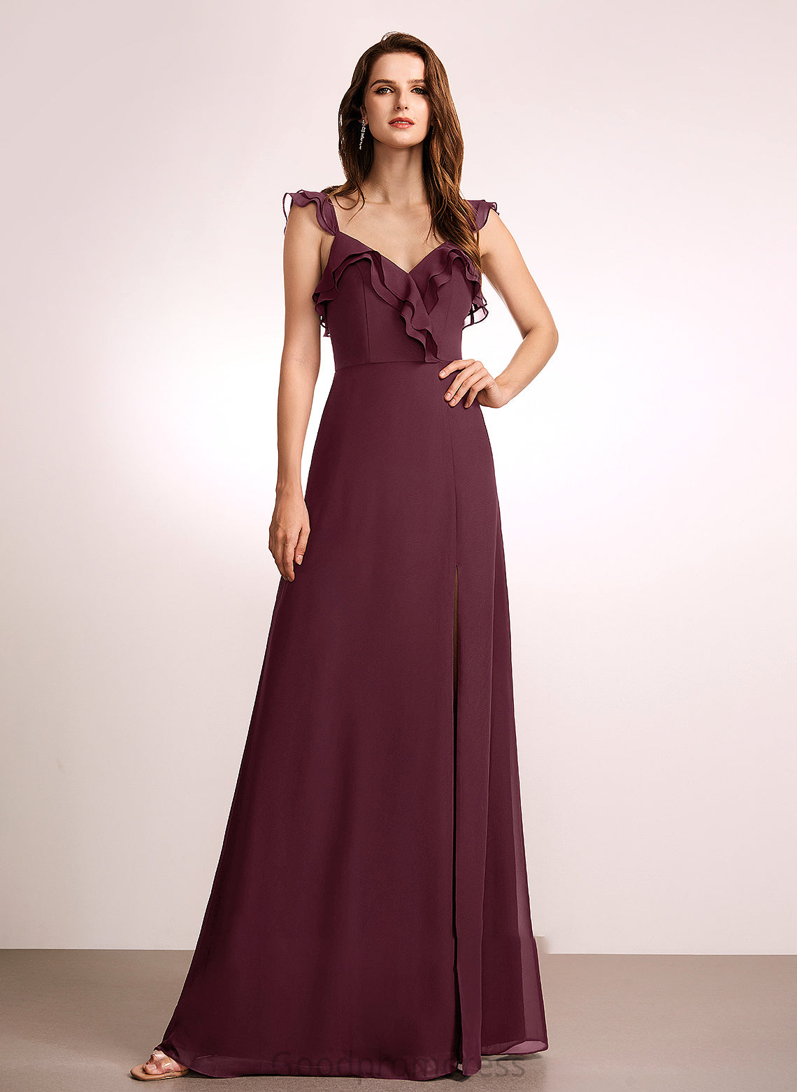 Neckline SplitFront A-Line Embellishment V-neck Floor-Length Silhouette Fabric Length Aleah Empire Waist V-Neck Bridesmaid Dresses