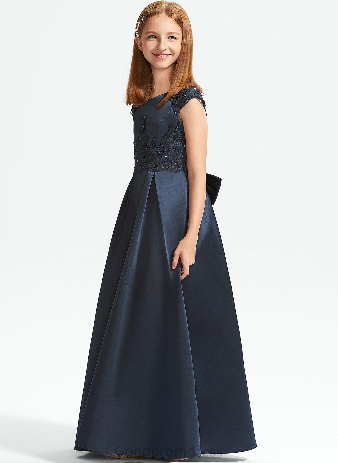 Lace Floor-Length A-Line Mira Junior Bridesmaid Dresses Bow(s) With Sequins Scoop Neck Beading Satin