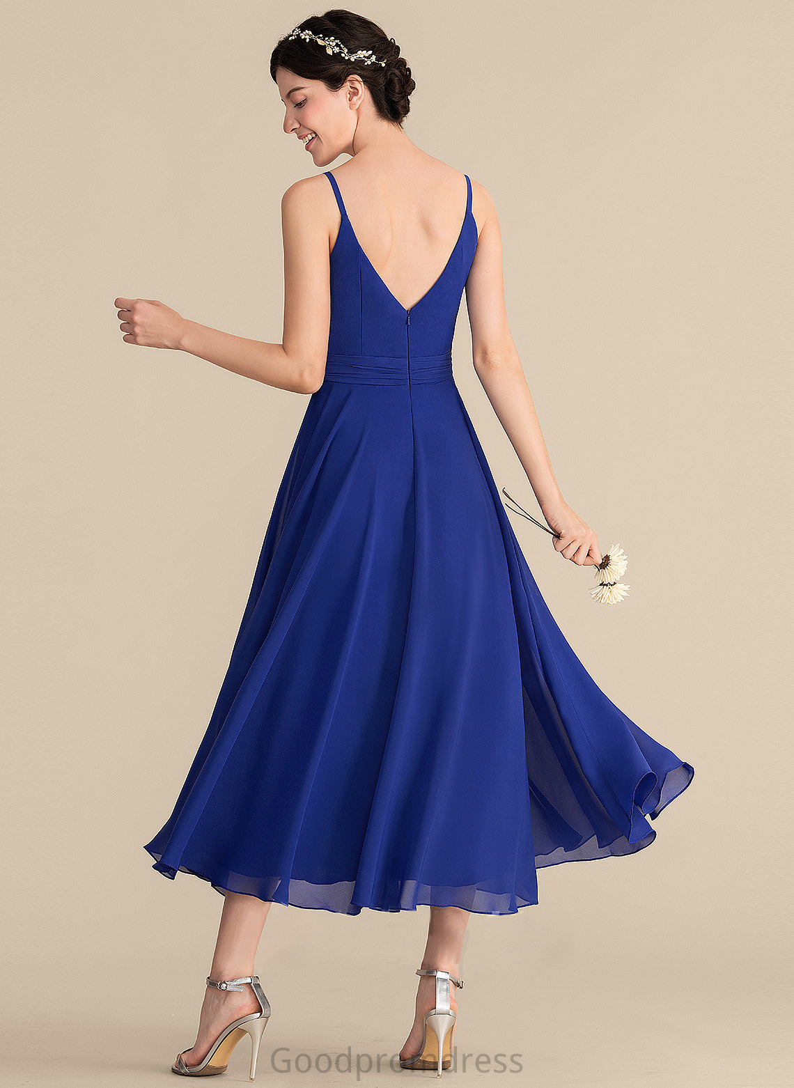 A-Line Embellishment Length Bow(s) Fabric Neckline Silhouette V-neck Tea-Length Ruffle Addyson Natural Waist Bridesmaid Dresses