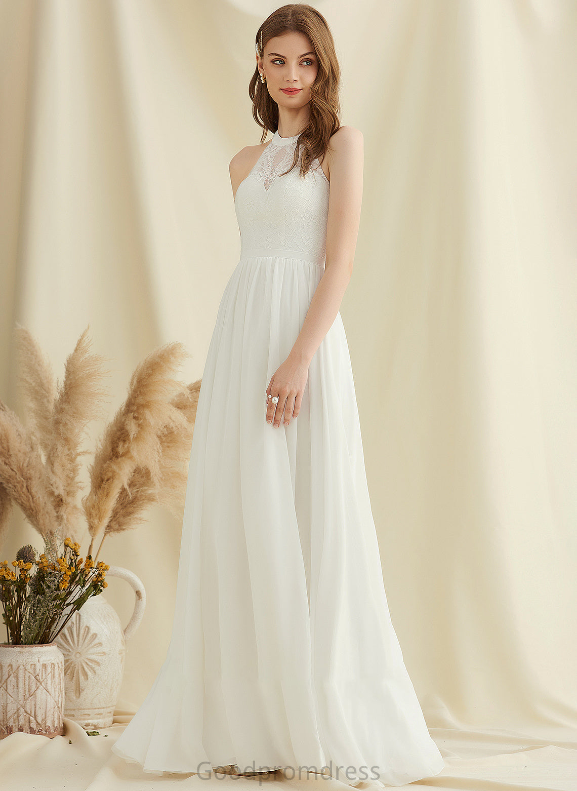 Lace Sara Wedding Dresses Front Split A-Line Floor-Length Wedding Scoop Neck Dress Chiffon With