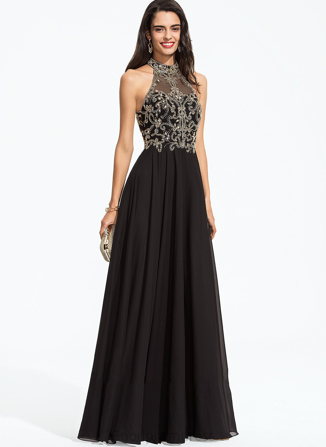 With High Chiffon Prom Dresses Sequins Beading Floor-Length Lynn A-Line Neck