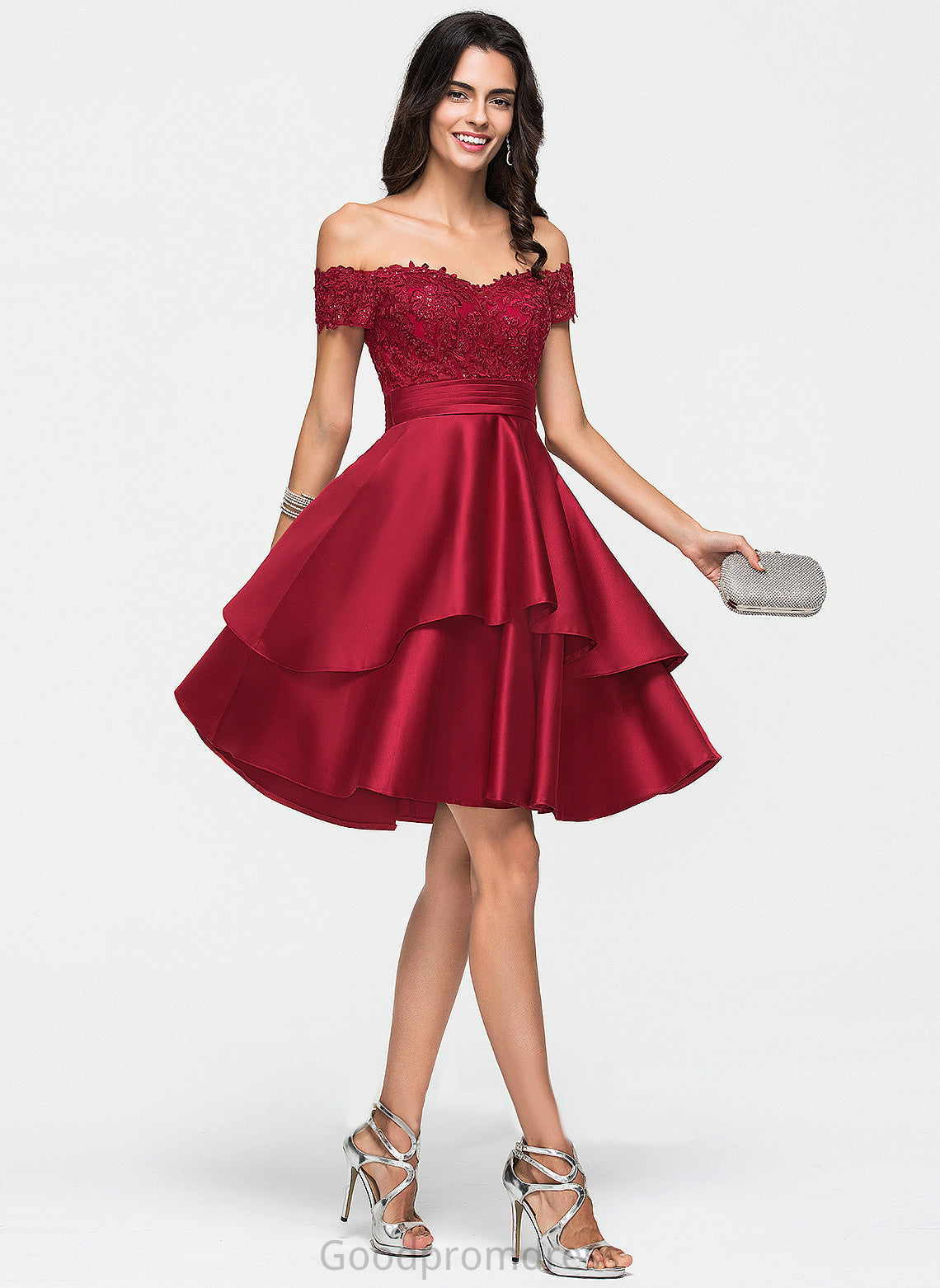 Homecoming Dresses With Satin Lace A-Line Sequins Lorelei Knee-Length Off-the-Shoulder Homecoming Dress