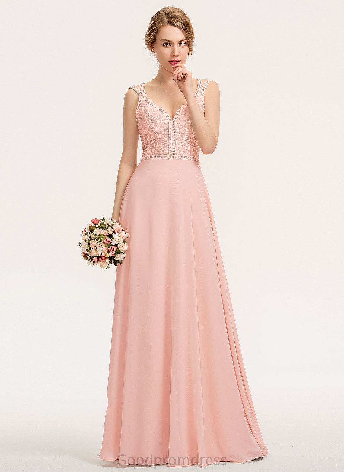 V-neck Length Lace Fabric Floor-Length Silhouette A-Line Straps Neckline Hailee Natural Waist Floor Length Bridesmaid Dresses