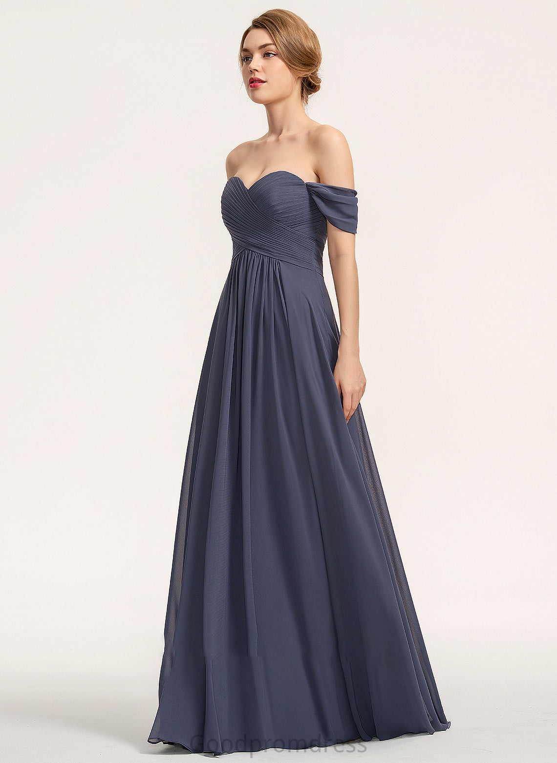 A-Line Floor-Length Fabric Ruffle Off-the-Shoulder Embellishment Length Neckline Silhouette Harriet A-Line/Princess Scoop Bridesmaid Dresses