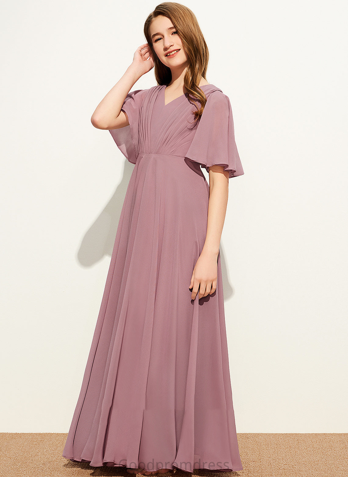 Junior Bridesmaid Dresses Ruffle With A-Line London Chiffon Floor-Length V-neck