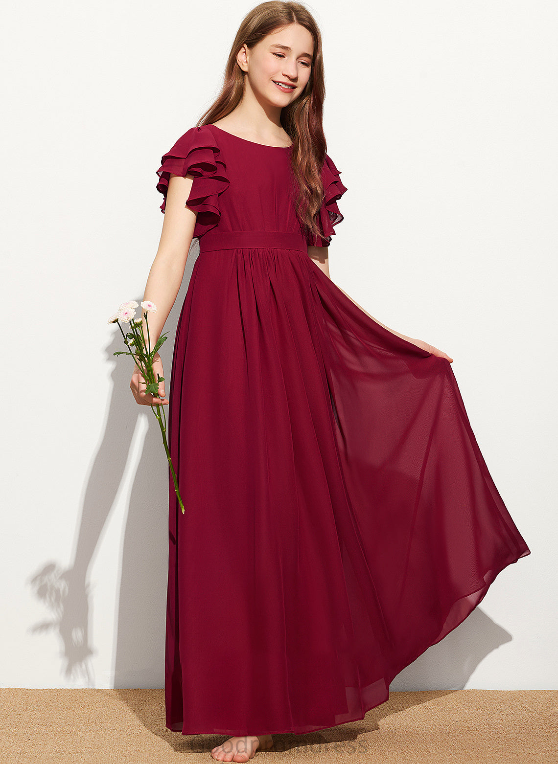 A-Line Cascading Neck Harley Scoop Junior Bridesmaid Dresses Floor-Length Chiffon Ruffles With