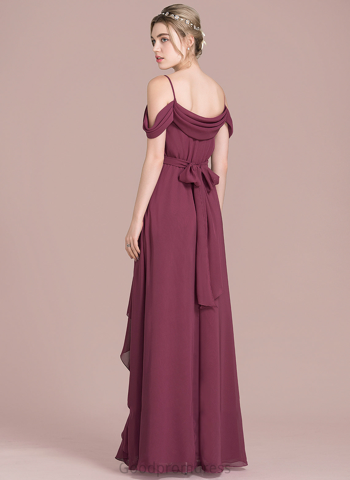 Front Ruffles V-neck Floor-Length Bow(s) A-Line Chiffon Prom Dresses With Cascading Luz Split