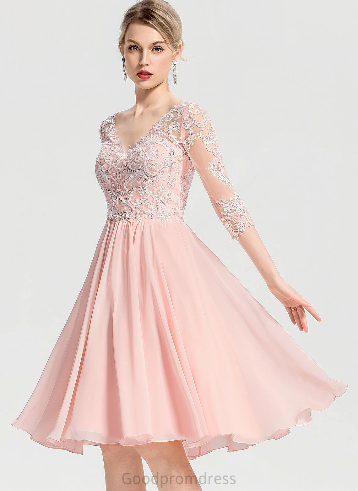 A-Line Beading Anika Cocktail Dresses Dress Knee-Length Chiffon Cocktail Lace With V-neck