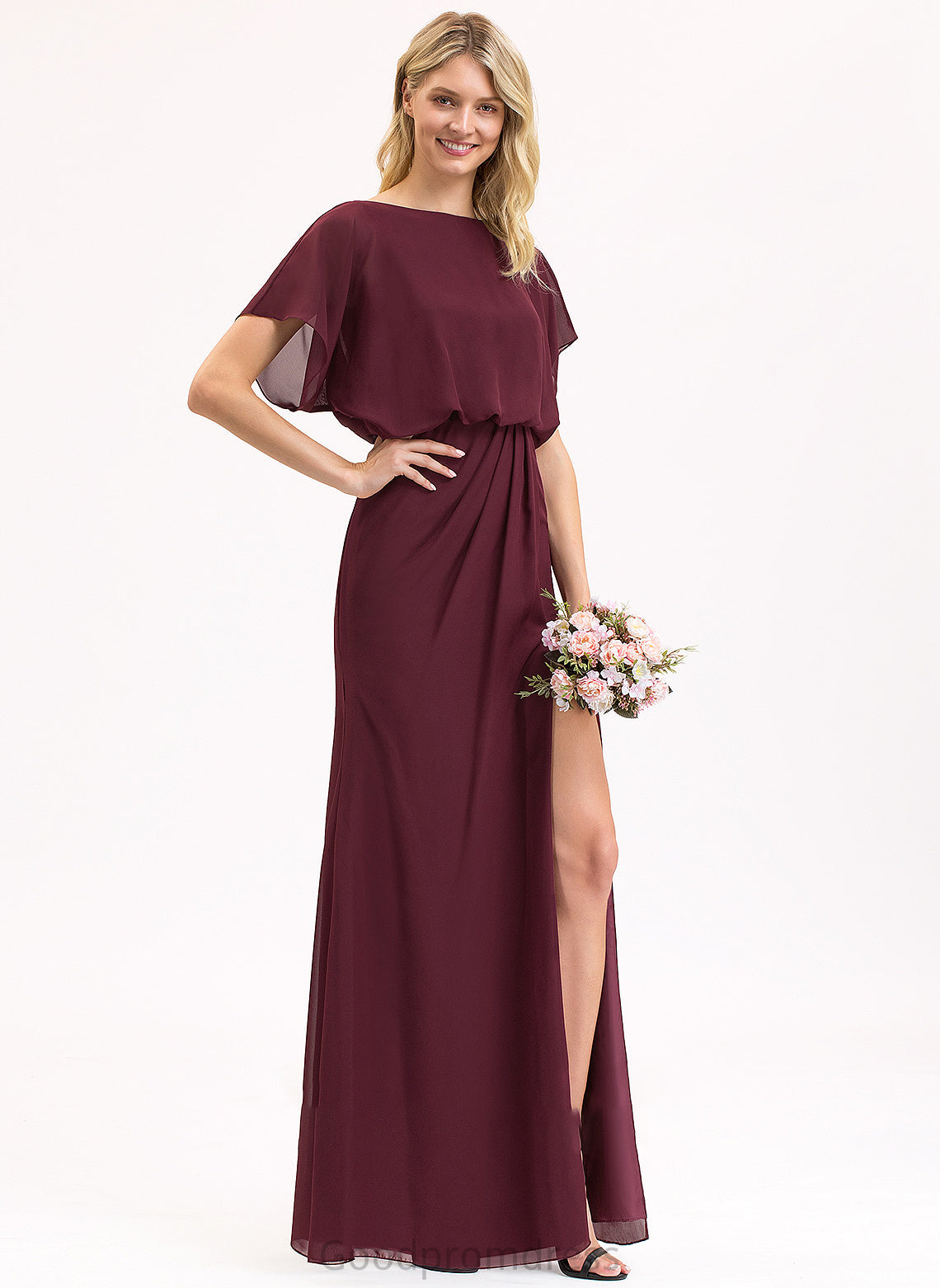 Silhouette Length Fabric Neckline ScoopNeck Sheath/Column SplitFront Ruffle Embellishment Floor-Length Aryanna Floor Length Bridesmaid Dresses