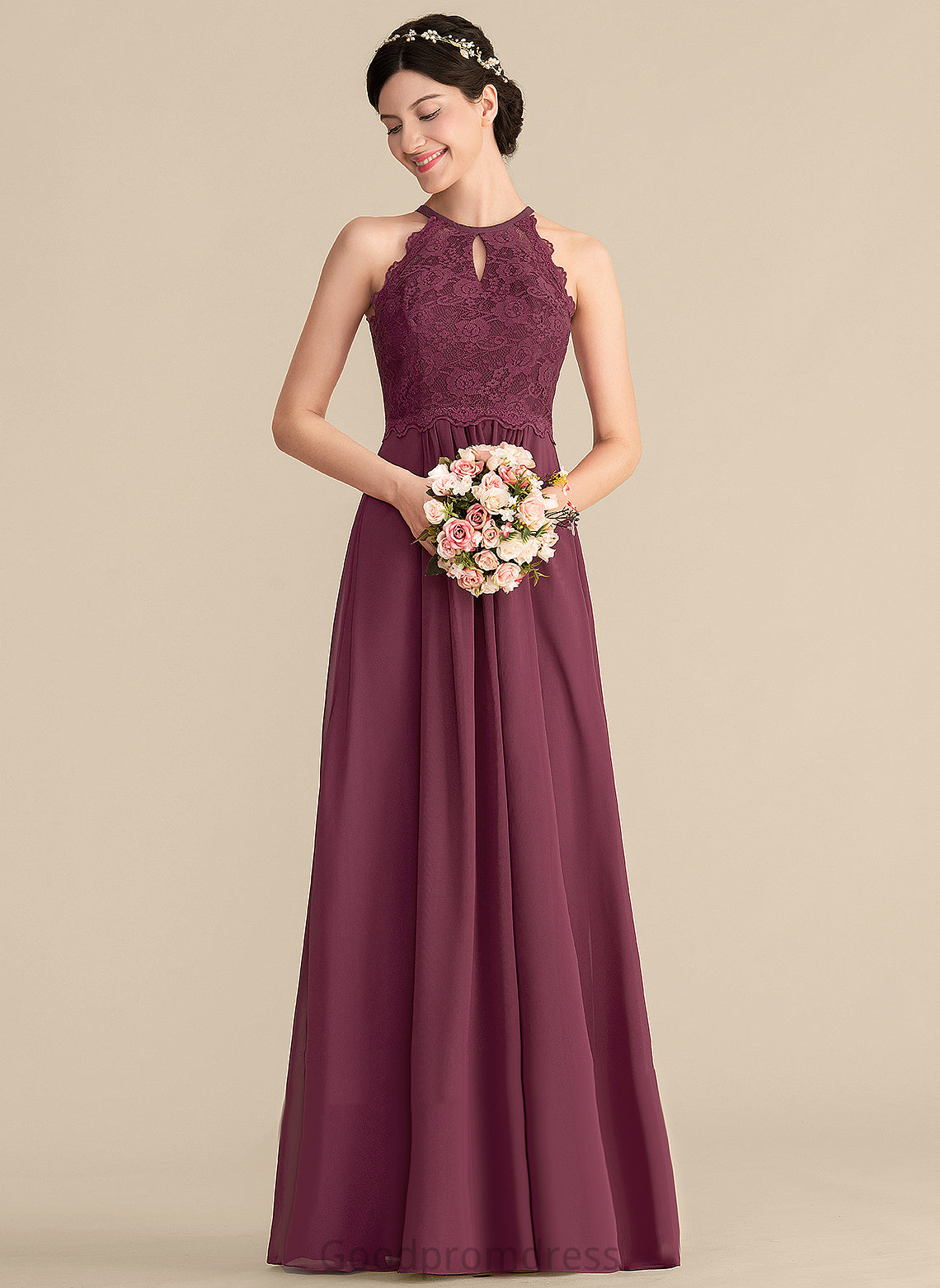 Chiffon Willa Prom Dresses Lace Scoop Floor-Length A-Line