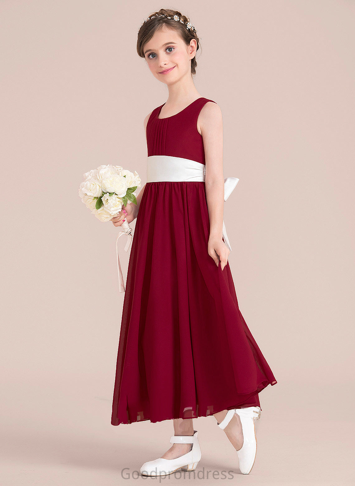 Junior Bridesmaid Dresses Sash Ankle-Length A-Line Scoop With Neck Empire Chiffon Keyla Bow(s)